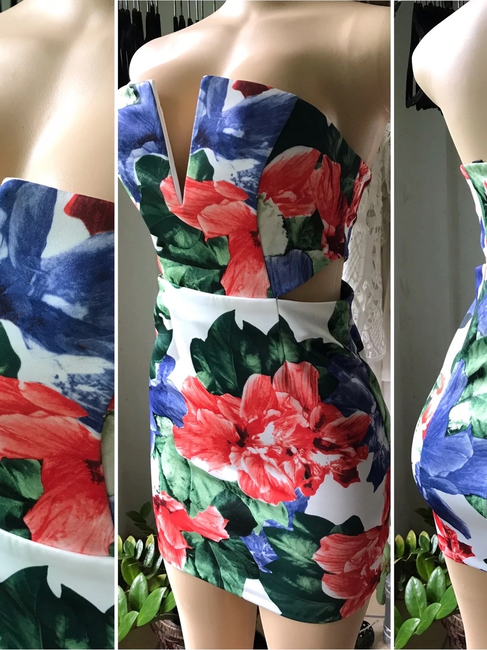 Strapless Floral Cutout Bodycon Dress - Red, Green, Blue